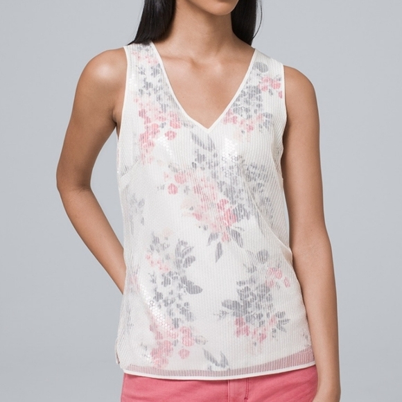 White House Black Market Tops - WHBM Women's Workplace Siren Girly White Sequin Overlay Floral Tank PXS